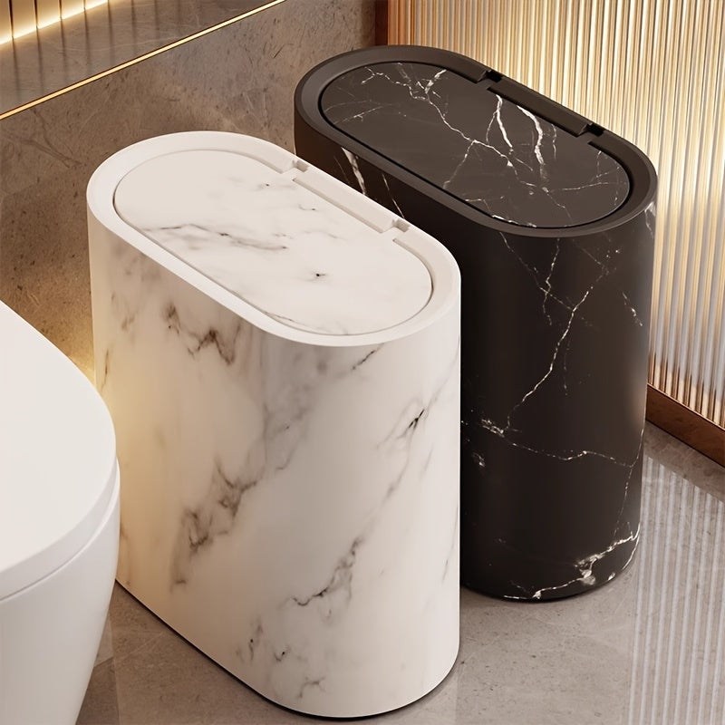 Prullenbak Marmerlook met Deksel – Moderne Compacte Afvalemmer voor Badkamer & Keuken