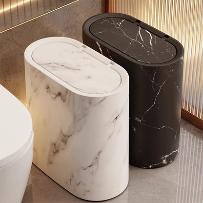 Prullenbak Marmerlook met Deksel – Moderne Compacte Afvalemmer voor Badkamer & Keuken