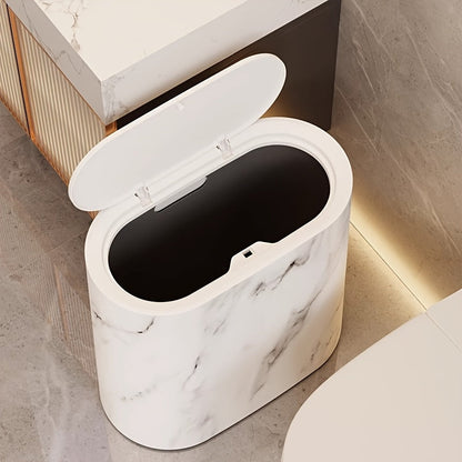 Prullenbak Marmerlook met Deksel – Moderne Compacte Afvalemmer voor Badkamer & Keuken