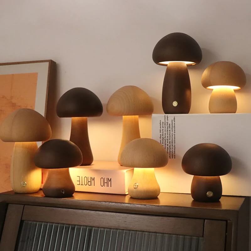 Portobello Mushroom Lamp Hout – Oplaadbare Dimbare LED Nachtlamp in Natuurlijk Hout