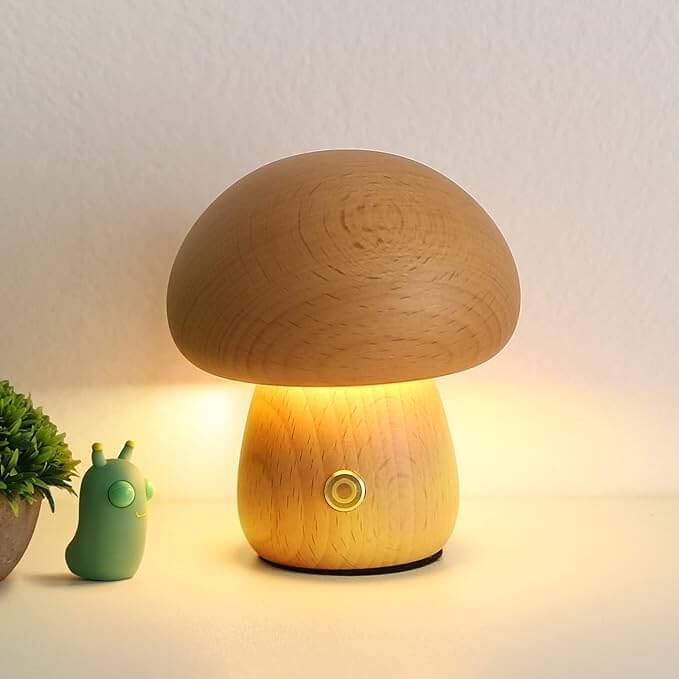Portobello Mushroom Lamp Hout – Oplaadbare Dimbare LED Nachtlamp in Natuurlijk Hout