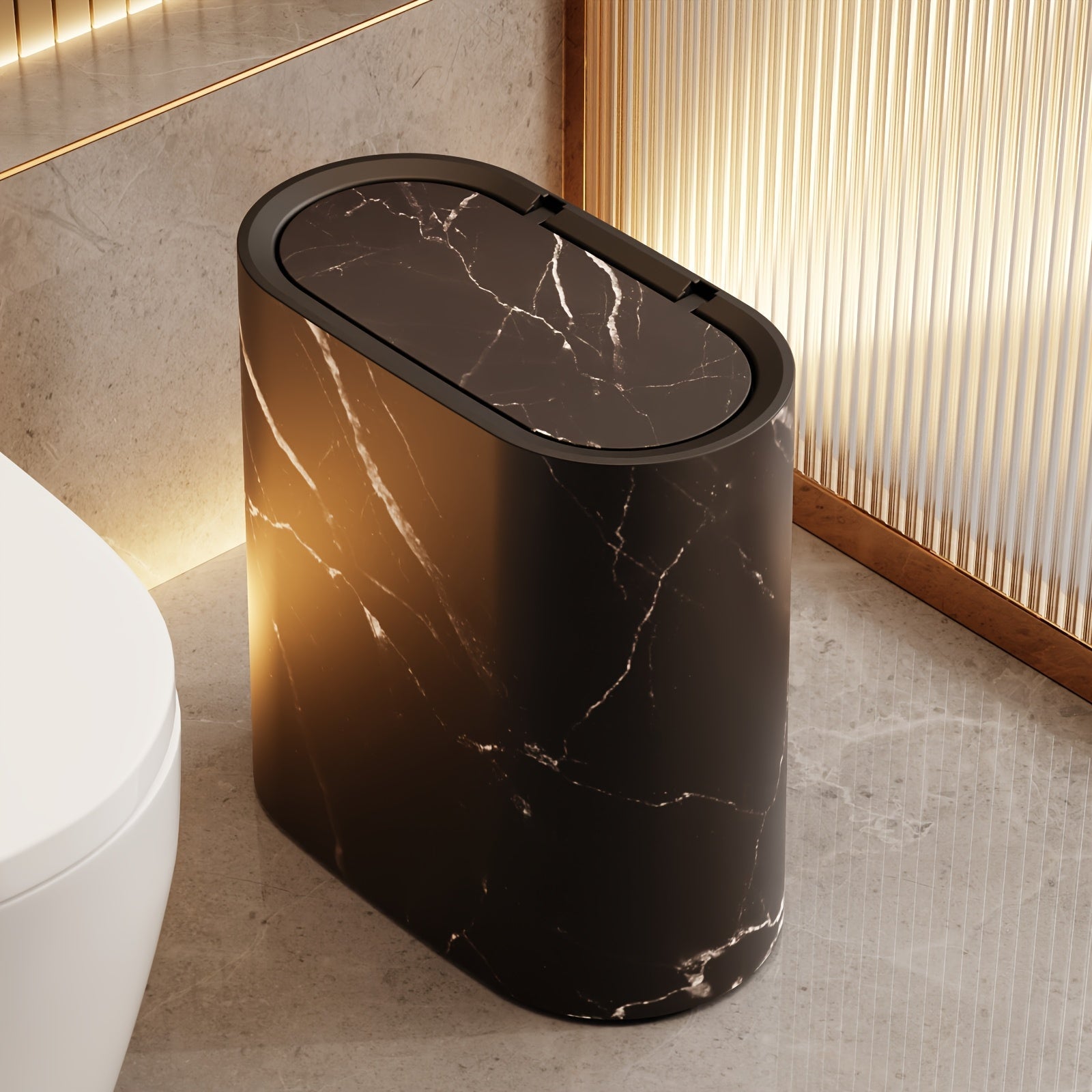 Prullenbak Marmerlook met Deksel – Moderne Compacte Afvalemmer voor Badkamer & Keuken