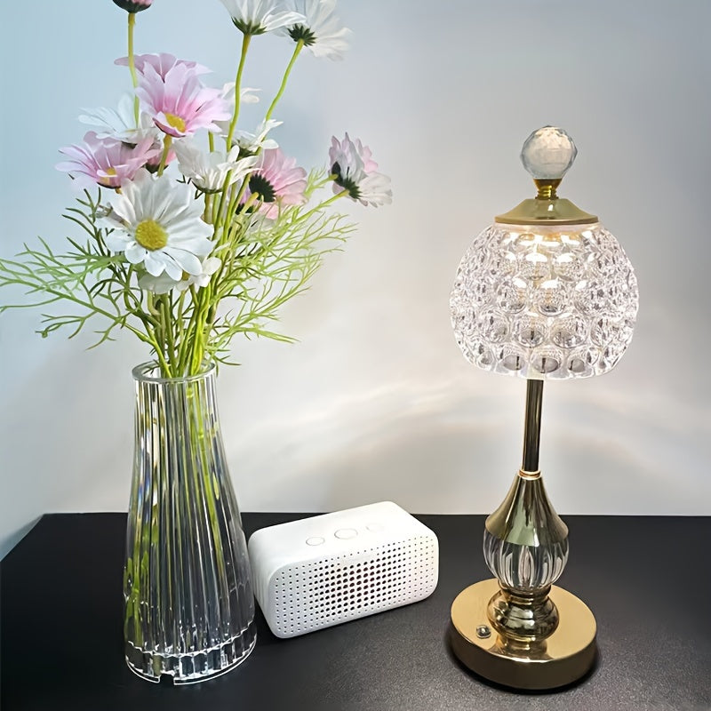 Kristal Tafellamp Oplaadbaar – Draadloze Dimbare Touch Sfeerlamp met Gouden Voet