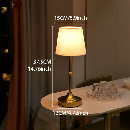 Draadloze Tafellamp Geborsteld Goud – Oplaadbare Dimbare Sfeerlamp met Stoffen Kap