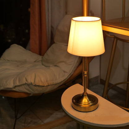 Draadloze Tafellamp Geborsteld Goud – Oplaadbare Dimbare Sfeerlamp met Stoffen Kap