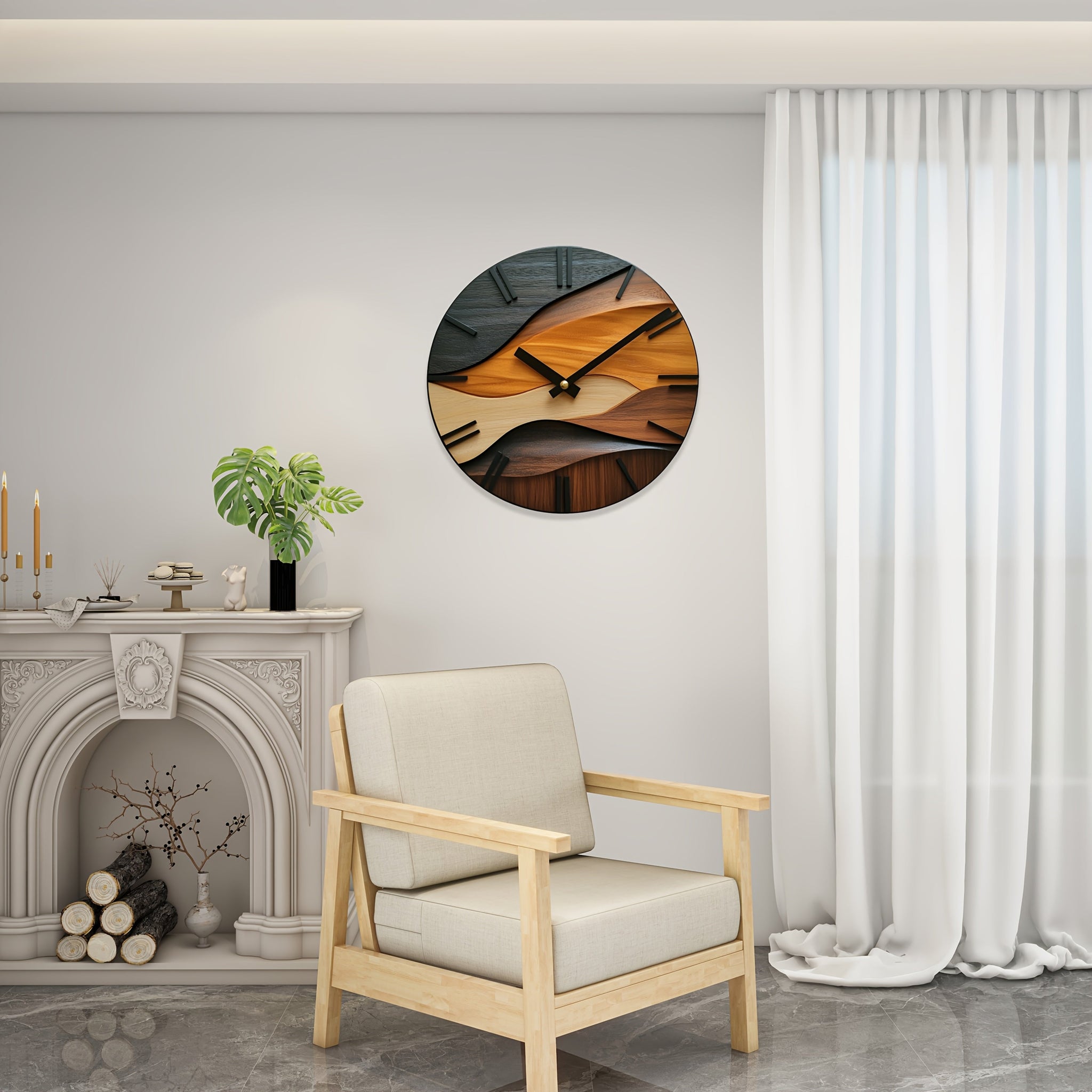 Wandklok Rond Houtlook – Artistieke Nordic Wandklok voor Woonkamer