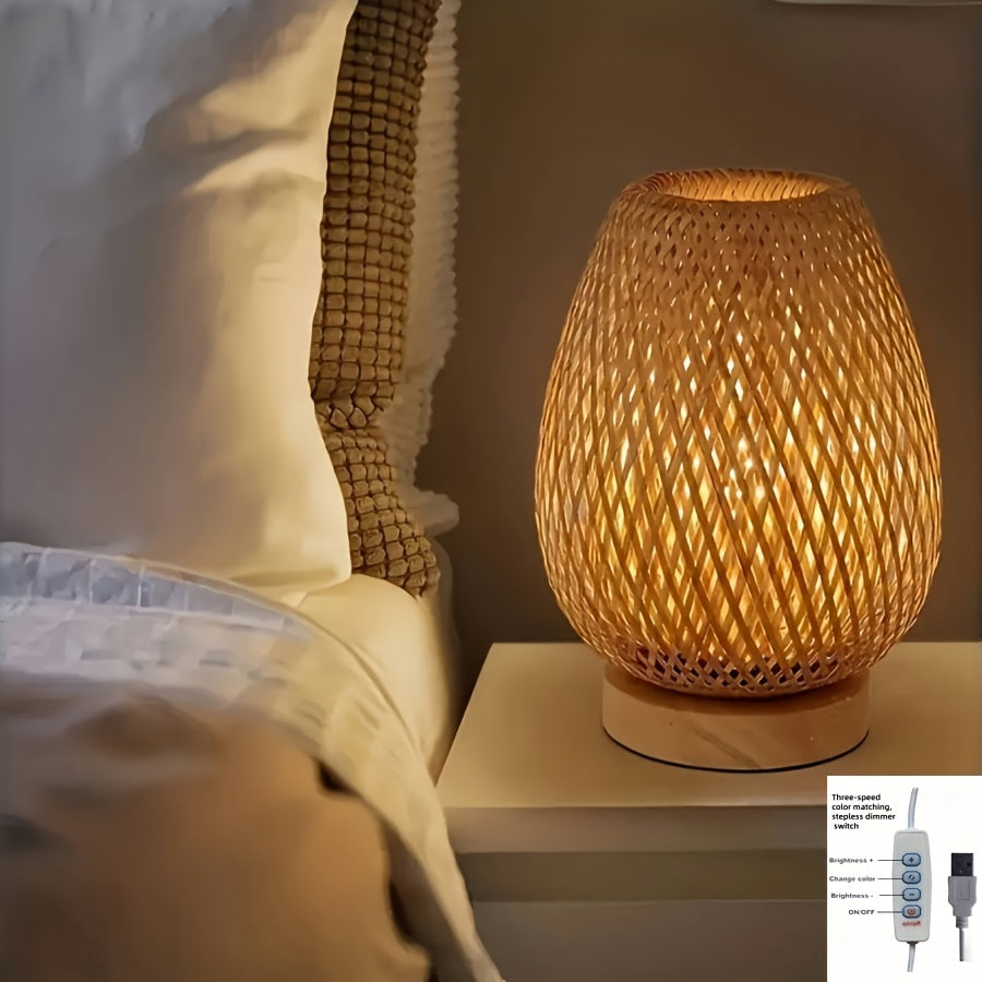 Tafellamp Bamboe Gevlochten Dimbaar – Handgemaakte USB Nachtlamp voor Slaapkamer