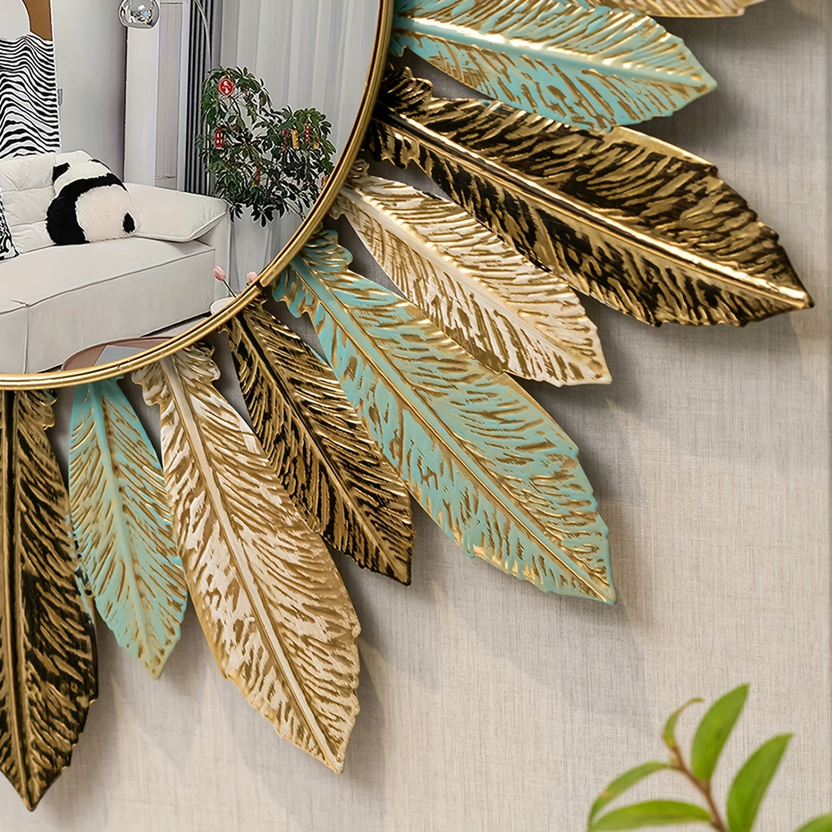 Wandspiegel Zonnestraal Bohemian – Metalen Sierspiegel in Groenblauw & Goud