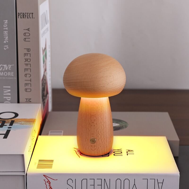 Portobello Mushroom Lamp Hout – Oplaadbare Dimbare LED Nachtlamp in Natuurlijk Hout