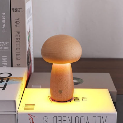 Portobello Mushroom Lamp Hout – Oplaadbare Dimbare LED Nachtlamp in Natuurlijk Hout