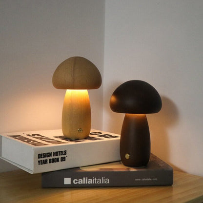 Portobello Mushroom Lamp Hout – Oplaadbare Dimbare LED Nachtlamp in Natuurlijk Hout