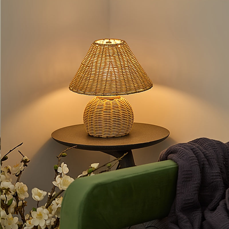 Bureaulamp Bamboe Gevlochten – Boho USB Sfeerlamp voor Bureau & Nachtkastje