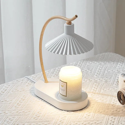 Kaarsverwarmer Lamp Nordic – Dimbare Wax Smeltlamp met Geplooide Kap & Houten Voet