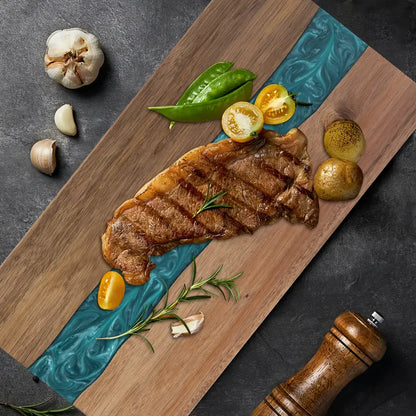 Serveerplank Acaciahout met Rivierdesign – Hars Snijplank & Kaasplank