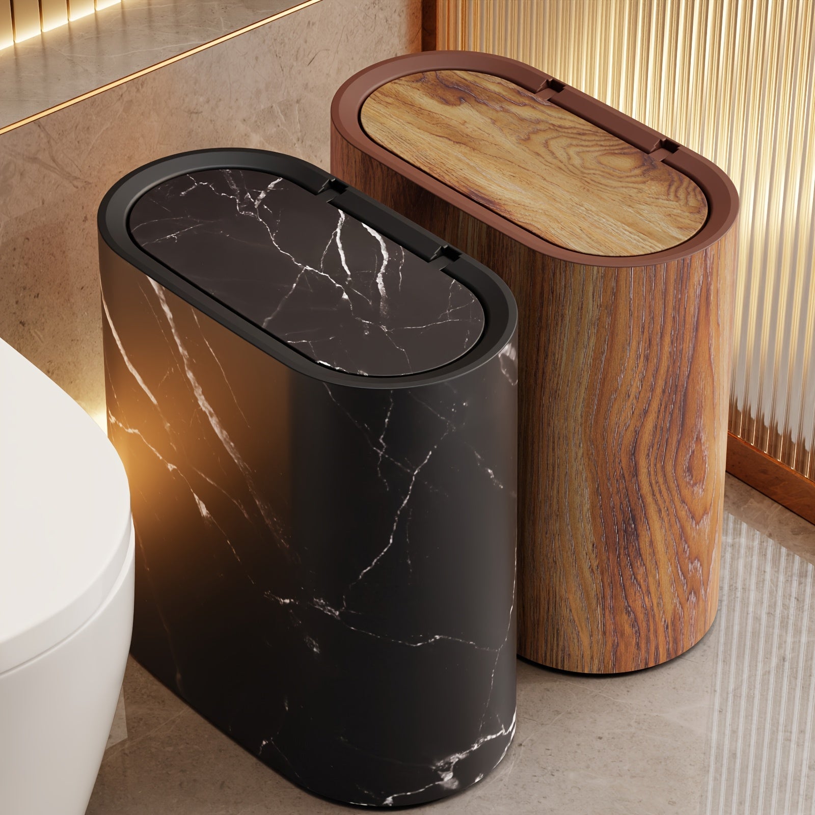 Prullenbak Marmerlook met Deksel – Moderne Compacte Afvalemmer voor Badkamer & Keuken