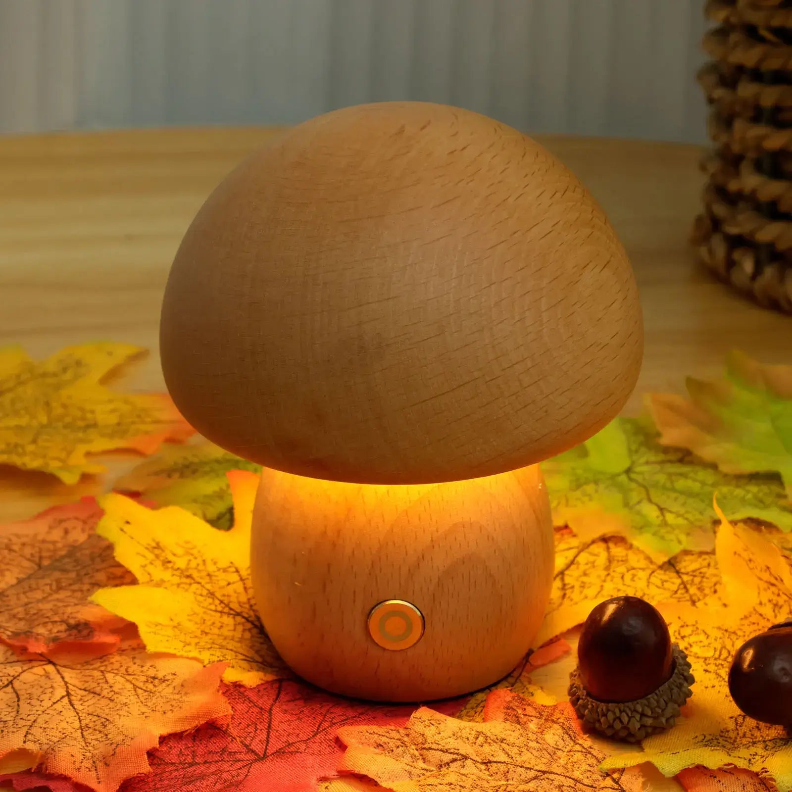 Portobello Mushroom Lamp Hout – Oplaadbare Dimbare LED Nachtlamp in Natuurlijk Hout