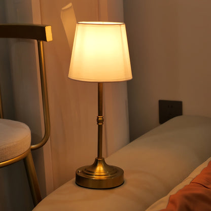 Draadloze Tafellamp Geborsteld Goud – Oplaadbare Dimbare Sfeerlamp met Stoffen Kap