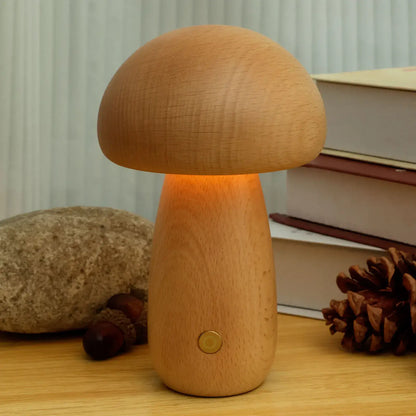 Portobello Mushroom Lamp Hout – Oplaadbare Dimbare LED Nachtlamp in Natuurlijk Hout