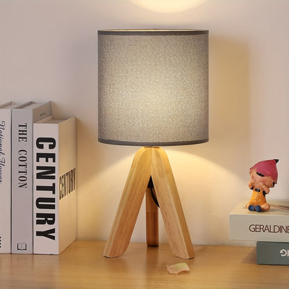 Tafellamp Driepoot Hout – Scandinavische Sfeerlamp met Stoffen Kap