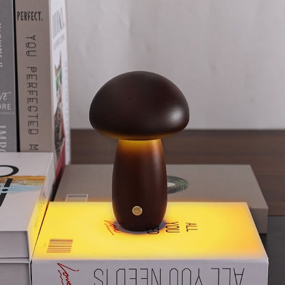 Portobello Mushroom Lamp Hout – Oplaadbare Dimbare LED Nachtlamp in Natuurlijk Hout