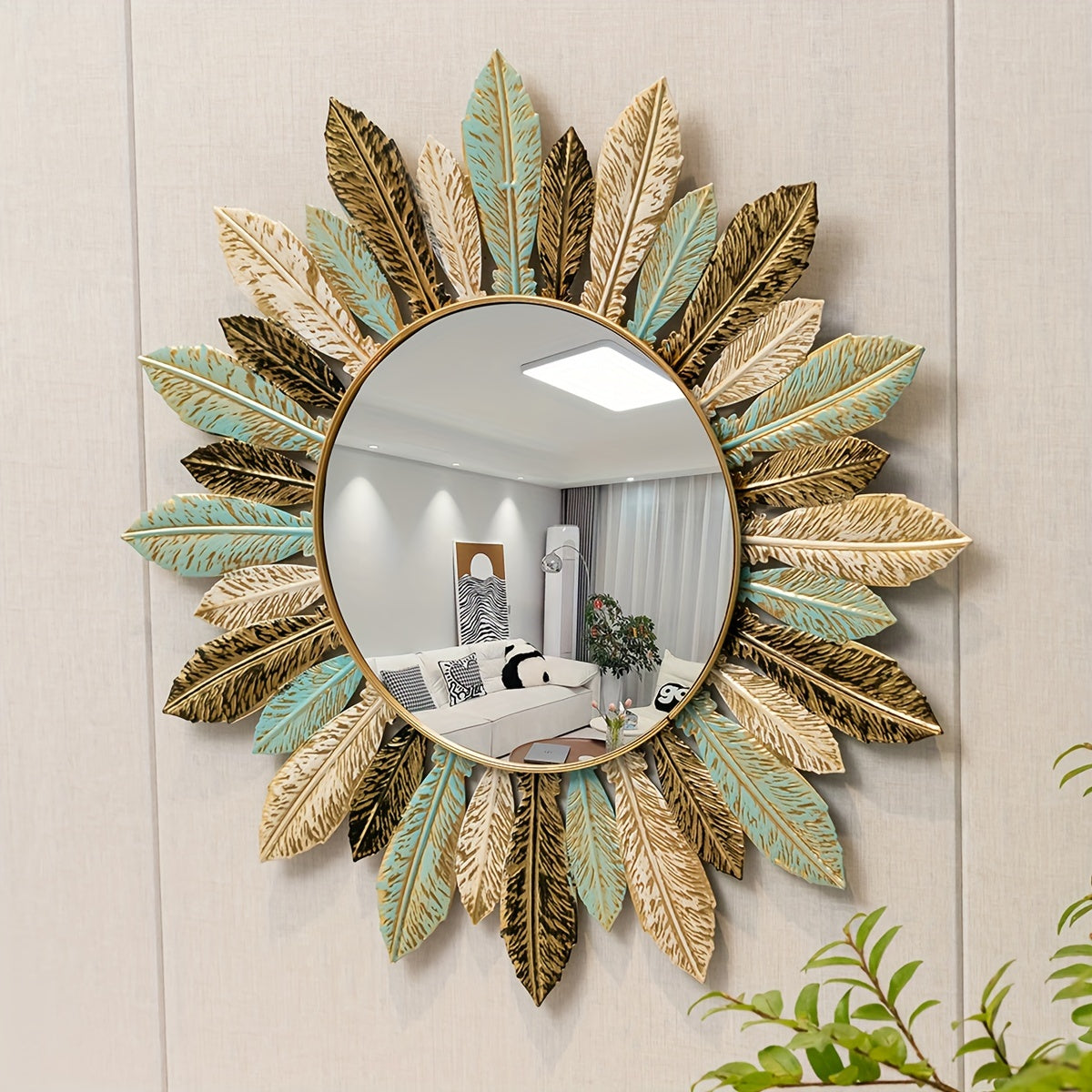 Wandspiegel Zonnestraal Bohemian – Metalen Sierspiegel in Groenblauw & Goud