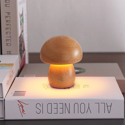 Portobello Mushroom Lamp Hout – Oplaadbare Dimbare LED Nachtlamp in Natuurlijk Hout