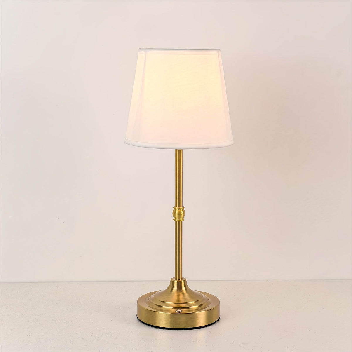 Draadloze Tafellamp Geborsteld Goud – Oplaadbare Dimbare Sfeerlamp met Stoffen Kap