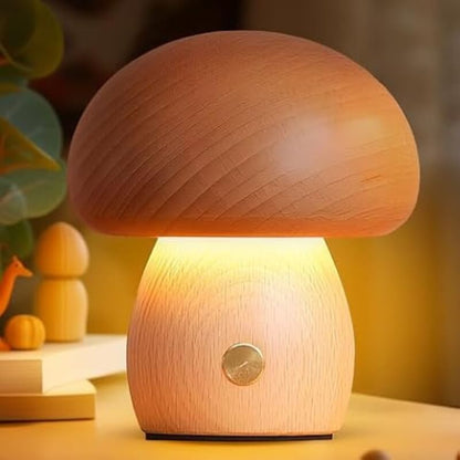 Portobello Mushroom Lamp Hout – Oplaadbare Dimbare LED Nachtlamp in Natuurlijk Hout