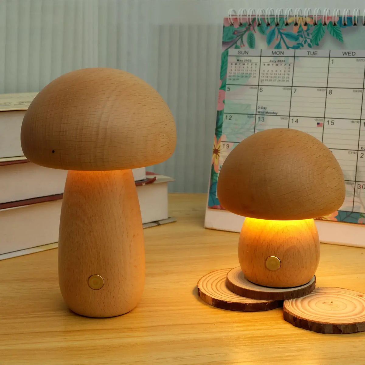 Portobello Mushroom Lamp Hout – Oplaadbare Dimbare LED Nachtlamp in Natuurlijk Hout