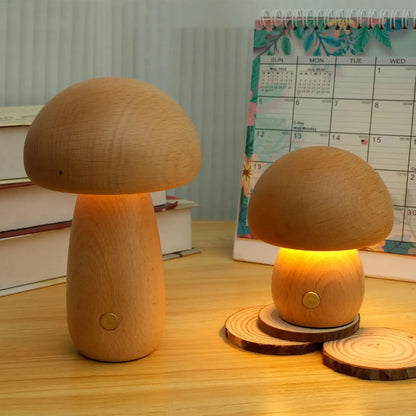 Portobello Mushroom Lamp Hout – Oplaadbare Dimbare LED Nachtlamp in Natuurlijk Hout