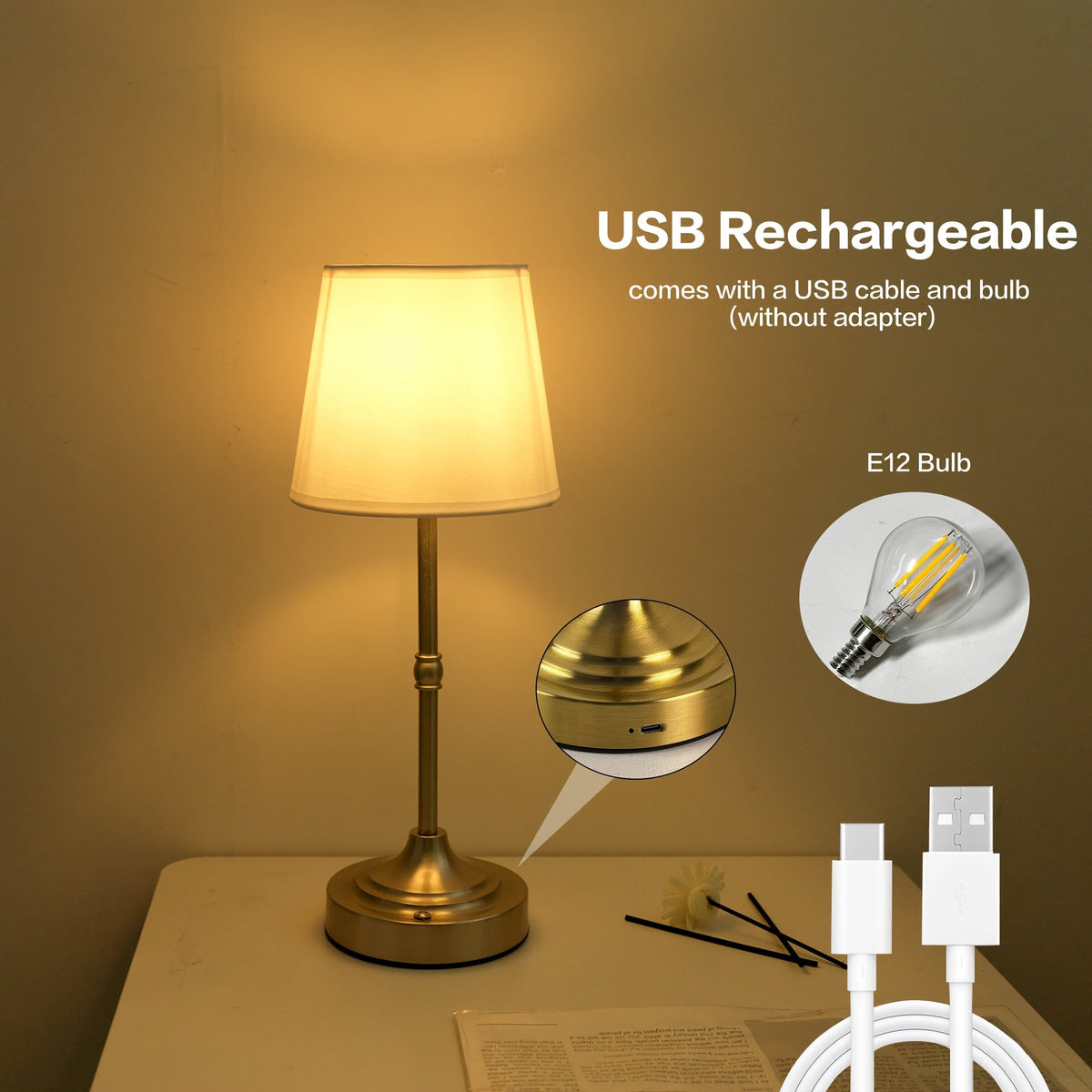 Draadloze Tafellamp Geborsteld Goud – Oplaadbare Dimbare Sfeerlamp met Stoffen Kap