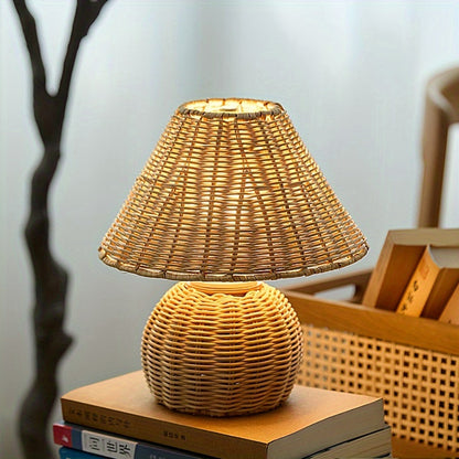 Bureaulamp Bamboe Gevlochten – Boho USB Sfeerlamp voor Bureau & Nachtkastje