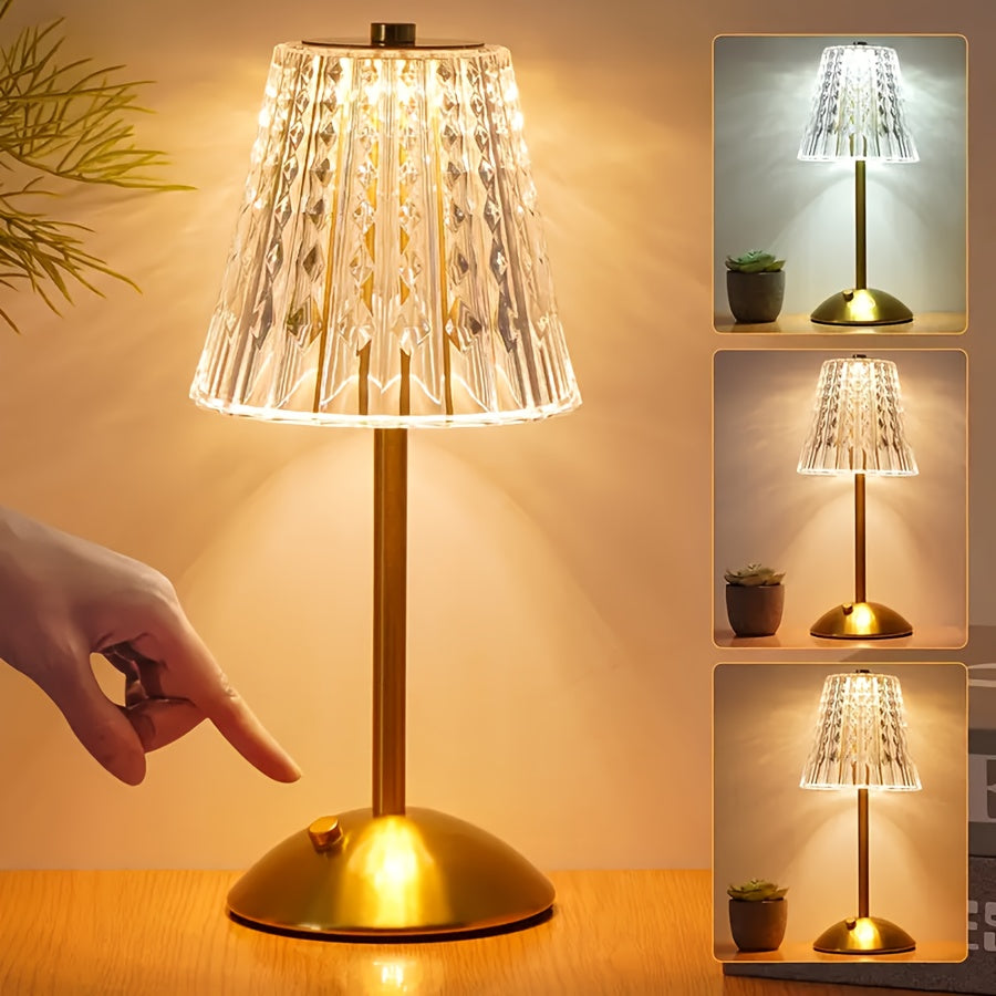 Kristal Touch Tafellamp Oplaadbaar – Draadloze Dimbare LED met 3 Lichtkleuren