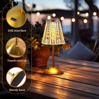 Kristal Touch Tafellamp Oplaadbaar – Draadloze Dimbare LED met 3 Lichtkleuren