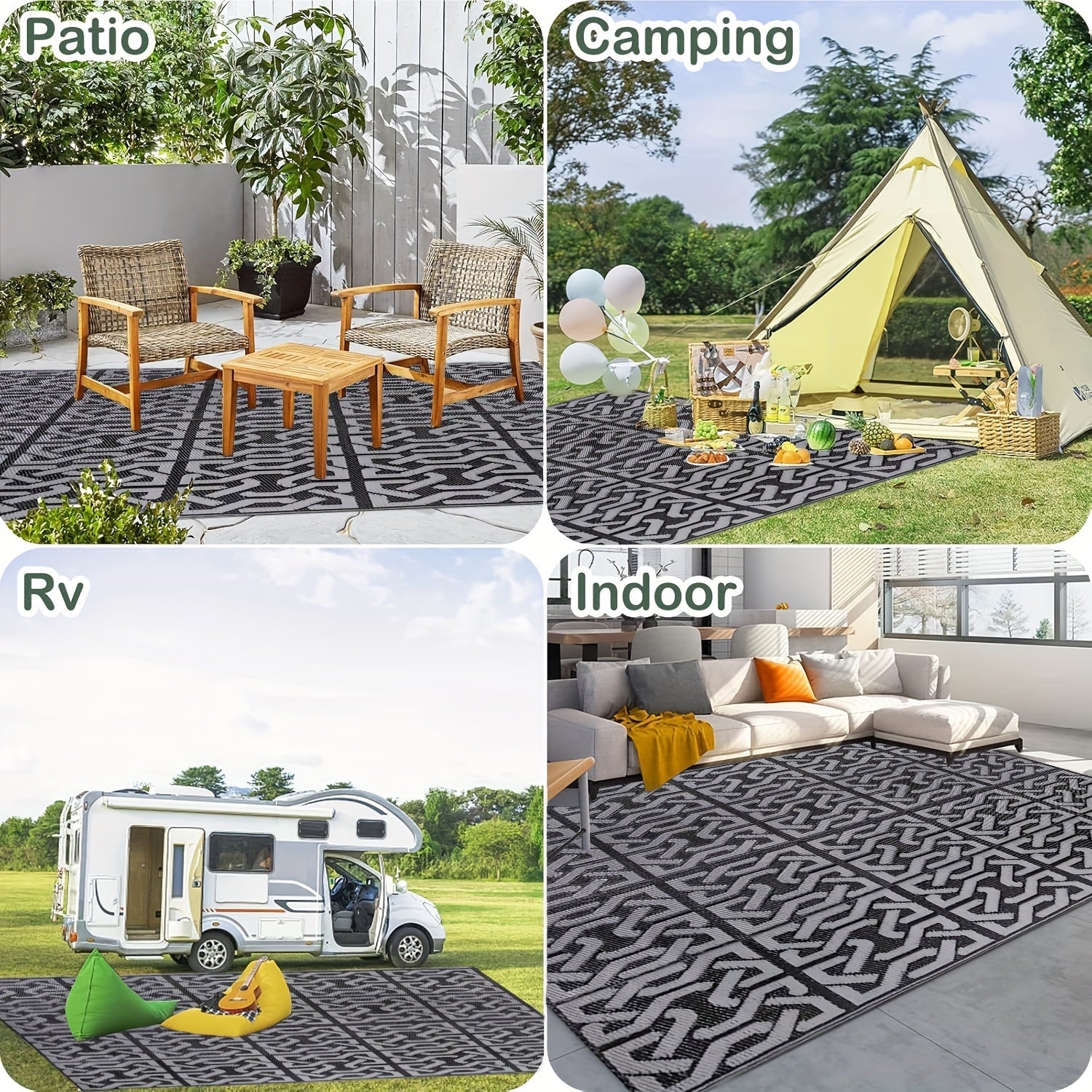 Buitenkleed Omkeerbaar – Modern Terraskleed Zwart & Grijs, Weerbestendig