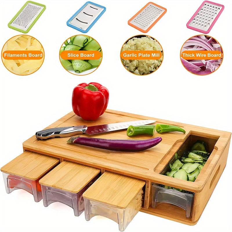 Bamboe Snijplank met Opvangbakjes & Rasp – Multifunctioneel Snijstation voor de Keuken