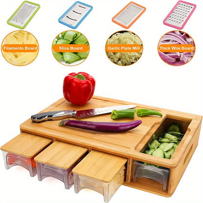 Bamboe Snijplank met Opvangbakjes & Rasp – Multifunctioneel Snijstation voor de Keuken