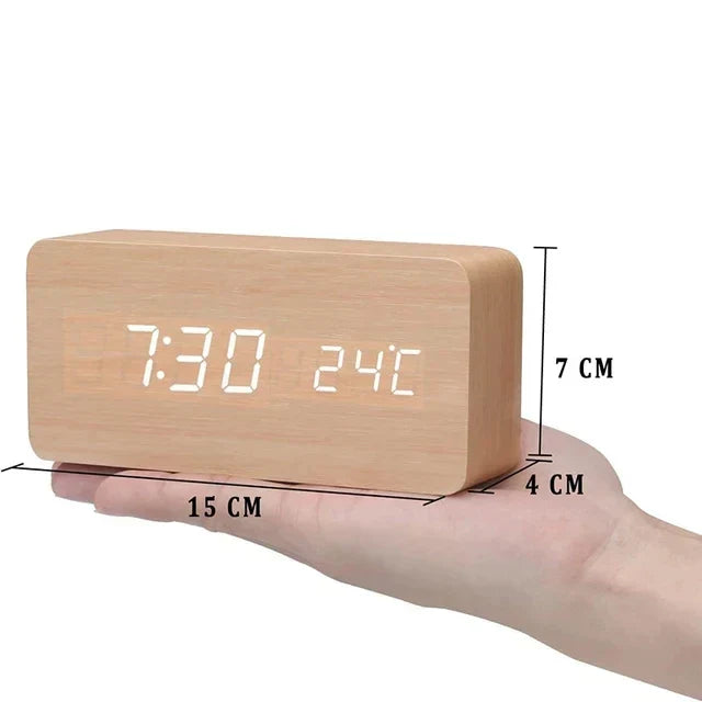 Digitale Wekker Hout LED – Wekker met Spraakbesturing, Temperatuurweergave & 3 Alarmen