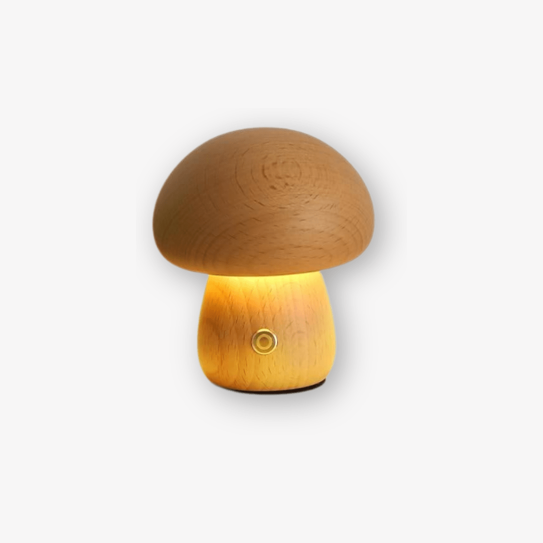 Portobello Mushroom Lamp Hout – Oplaadbare Dimbare LED Nachtlamp in Natuurlijk Hout