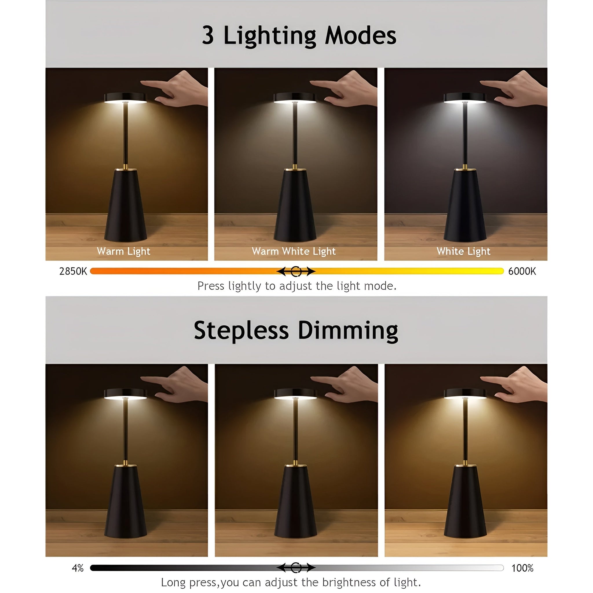 Draadloze Tafellamp Slank – Oplaadbare Touch Sfeerlamp met 3 Lichtkleuren & Gouden Accent