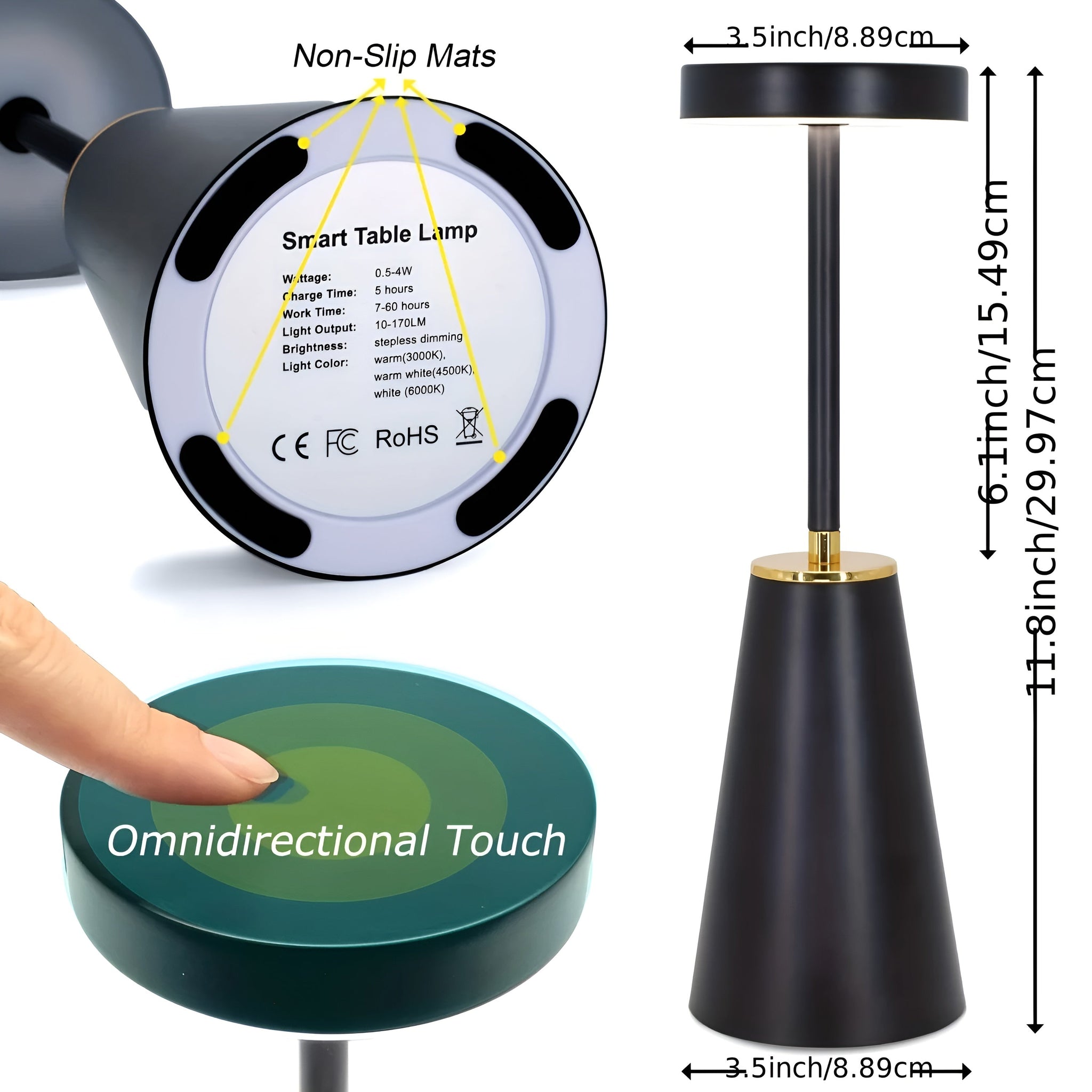 Draadloze Tafellamp Slank – Oplaadbare Touch Sfeerlamp met 3 Lichtkleuren & Gouden Accent