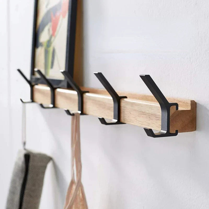 Kapstok Wandmontage Nordic – Verstelbare Wandkapstok met Dubbele Haken, Zwart & Hout