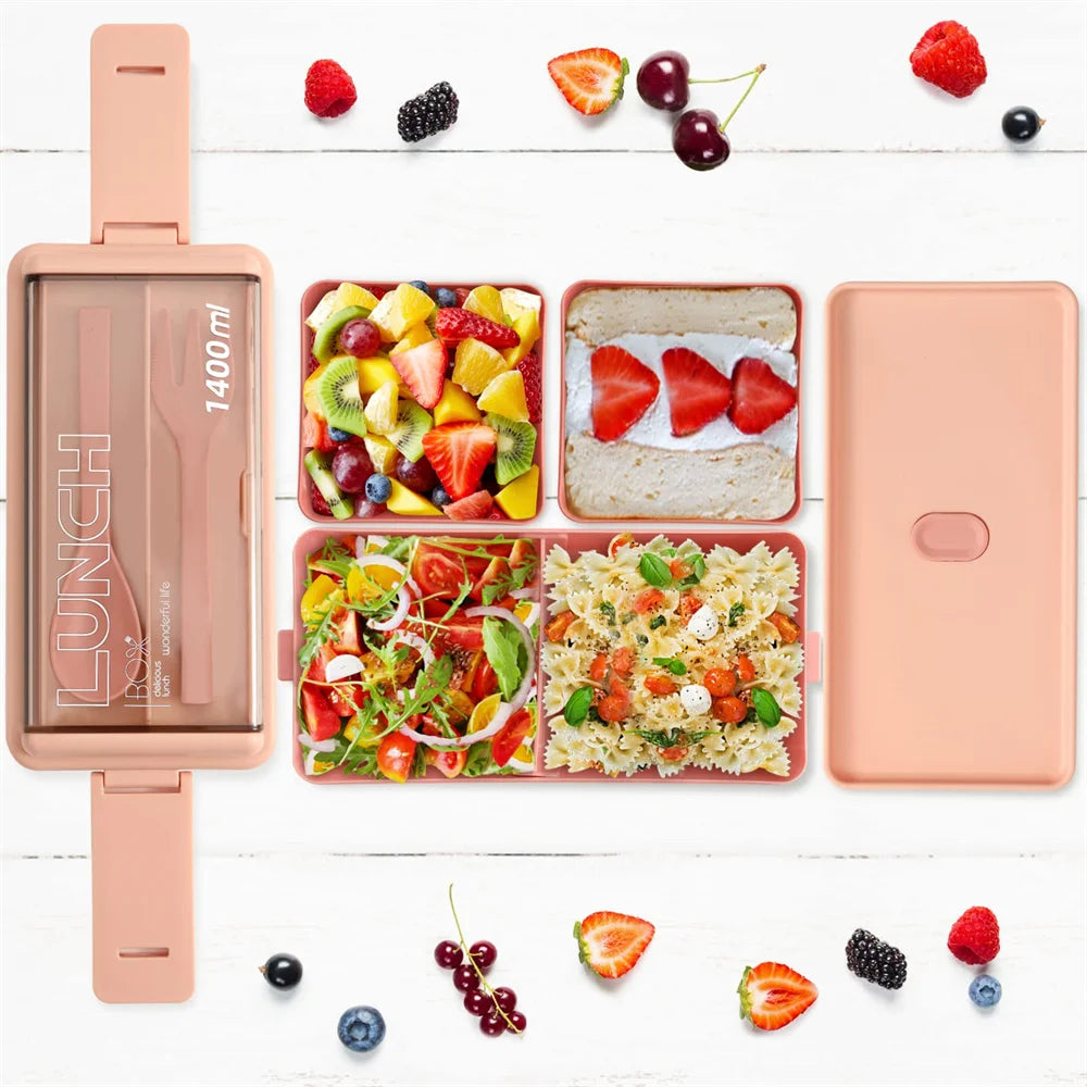Bento Lunchbox 1400ml Dubbellaags – Broodtrommel met Bestek, Magnetronbestendig voor Volwassenen & Kinderen