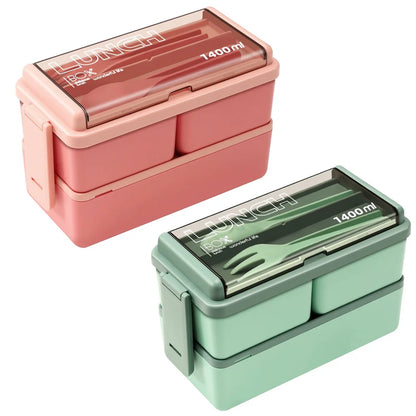 Bento Lunchbox 1400ml Dubbellaags – Broodtrommel met Bestek, Magnetronbestendig voor Volwassenen & Kinderen