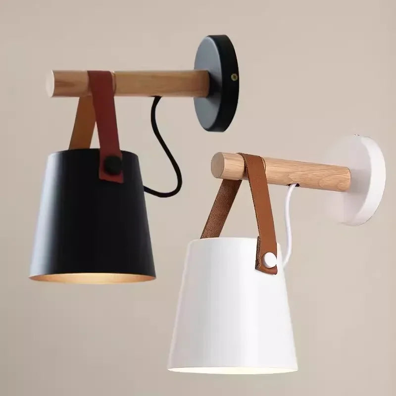 Wandlamp Hout & Leer – Nordic Bedlamp met Verstelbaar Snoer