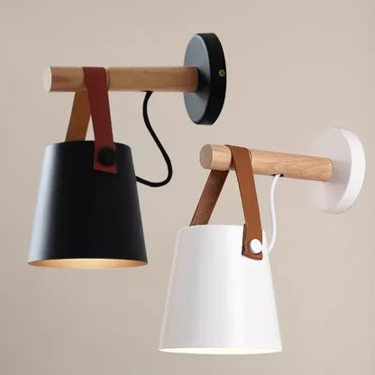 Wandlamp Hout & Leer – Nordic Bedlamp met Verstelbaar Snoer