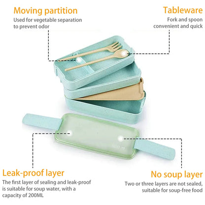 Bento Lunchbox 3 Lagen Tarwestro – Duurzame Broodtrommel 900ml met Bestek