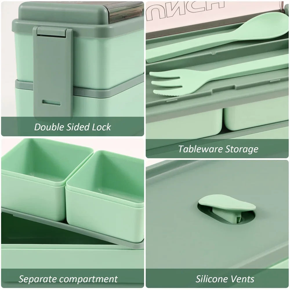 Bento Lunchbox 1400ml Dubbellaags – Broodtrommel met Bestek, Magnetronbestendig voor Volwassenen & Kinderen