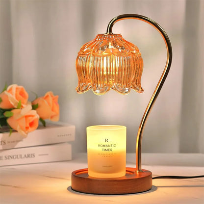 Kaarsverwarmer Lamp Retro – Dimbare Wax Smeltlamp met Glazen Kap & Houten Voet