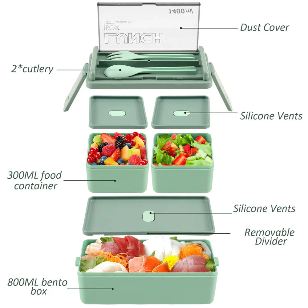 Bento Lunchbox 1400ml Dubbellaags – Broodtrommel met Bestek, Magnetronbestendig voor Volwassenen & Kinderen